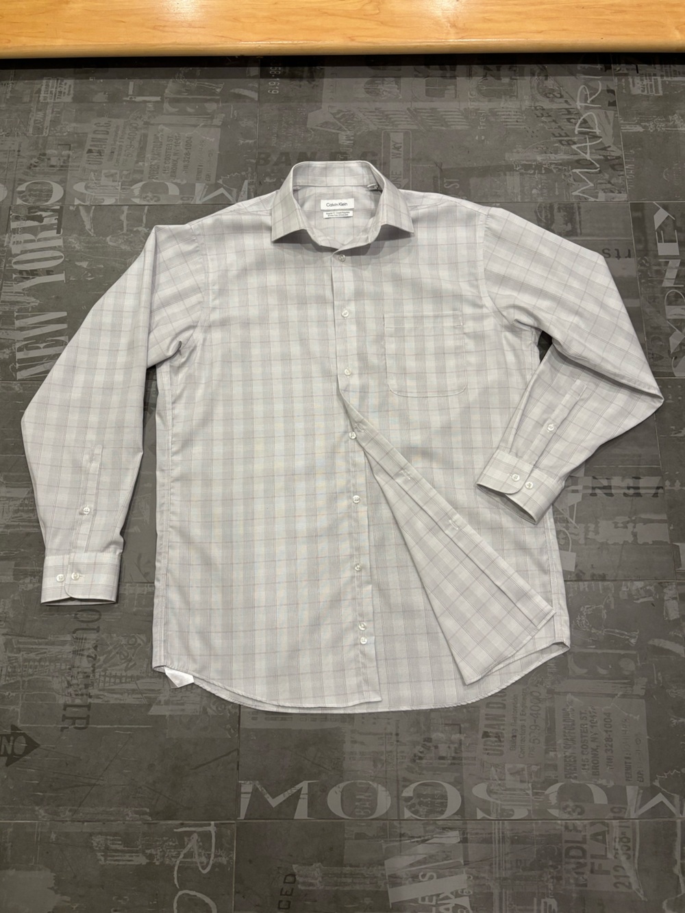 Calvin Klein White Dress Shirt with Light Gray and Pink Windowpane